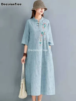 2023 hiina kleit cheongsam naiste pikk qipao kleit kaasaegne puuvillast voodipesu cheongsam kleit pool varrukal tikand cheongsam kleit