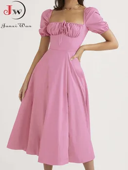 Elegantne maha õla roosa naiste suvine pikk kleit ja Puhvis lühikesed varrukad slash kaela tahke-line split beach party sundress S~3XL
