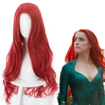 Filmi Aquaman Mera Cosplay Parukas 85cm Punane Pikkade Lokkis Laineline kuumuskindel Sünteetiline Karv Naiste Poole Wig + Parukas Kork