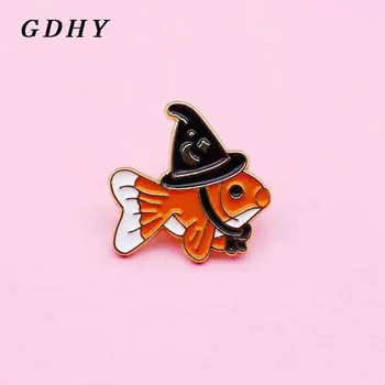 GDHY Cartoon Oranž kuldkala Emailiga Pin-Magic Wizard Hat Väike kala Rinnamikrofon Pin-Ehted
