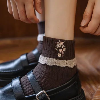 Lolita Pits Ruffle Sokid Jaapani Mood Värviga Magus Tüdruk, Armas Sokid Naiste Harajuku Lille Tikandid Vintage Naiste Sokid 0