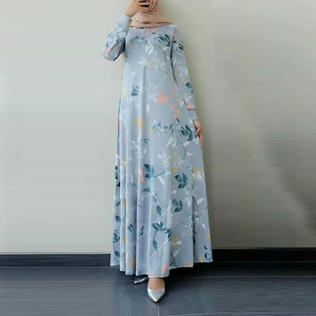 Moslemi Naiste Kleit Dubai Abaya Türgi Hijab Kleit Sügis Pikad Varrukad Õie Trükitud Rüü Kleit Jilbab Islami Riided Kauhtana