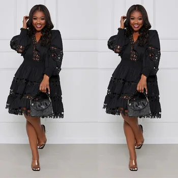 Must Polüester-Aafrika Kleidid Naistele Suvel Aafrika Naiste Pikk Varrukas, V-kaelus Põlve pikkusega Kleit Aafrika Riided Naistele