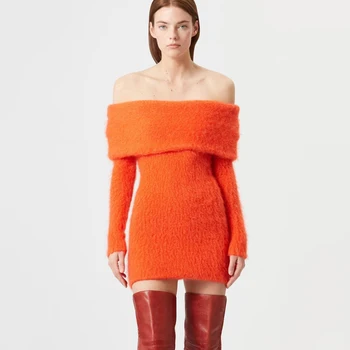 Palus olkaimeton kootud kleit, talvel pidulik seksikas slim pakett hip kleit oranž pikkade varrukatega rinnamikrofon one-piece krae naiste kleit 0
