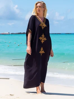 Uus Must Boho Kleit, Ujumistrikoo Katta Kuni Rayon Kuld Tikandid Elegantne Maxi Kleit 2022 Sarong Rüü Plage Seal Kaftan Beachwear Pareo