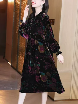 Naiste Lilleline Velvet Luksus Elegantne Midi Kleit Sügis-Talv Pikk Varrukas Paks Soe Kleit 2022 Korea Vintage Casaul Öö Kleit 1