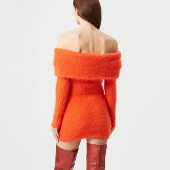 Palus olkaimeton kootud kleit, talvel pidulik seksikas slim pakett hip kleit oranž pikkade varrukatega rinnamikrofon one-piece krae naiste kleit 1