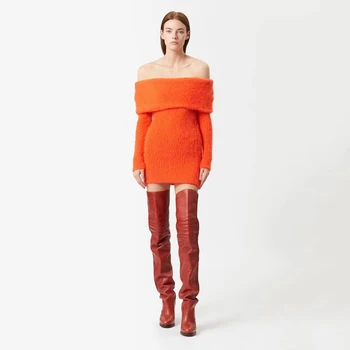 Palus olkaimeton kootud kleit, talvel pidulik seksikas slim pakett hip kleit oranž pikkade varrukatega rinnamikrofon one-piece krae naiste kleit 2
