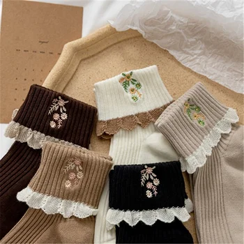 Lolita Pits Ruffle Sokid Jaapani Mood Värviga Magus Tüdruk, Armas Sokid Naiste Harajuku Lille Tikandid Vintage Naiste Sokid 4