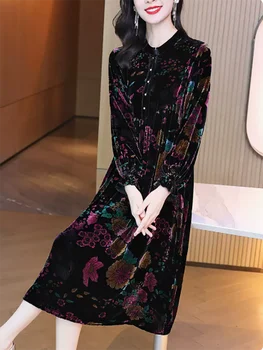 Naiste Lilleline Velvet Luksus Elegantne Midi Kleit Sügis-Talv Pikk Varrukas Paks Soe Kleit 2022 Korea Vintage Casaul Öö Kleit 4