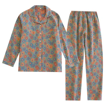 Uus Lõng-värvitud, Pestud Puuvillane Pidžaama Retro Stiilis Daamid Pluss Suurus Kodu Riided Pikk Varrukas Püksid Pijama Mujer Pehme Sleepwear 4