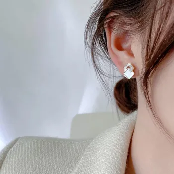 925 Hõbe Geomeetriline Topelt Square Kõrvarõngad Piimjas Gem Kõrva Trukid Korea Fashion Kõrge Kvaliteediga Teemant Kõrvarõngas Naiste Tüdruk Ehted 1