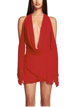 NewAsia Naiste Backless Sünnipäeva Kleit Punane Kroonlehed Varrukatega Kleit Seksikas V-Kaelus Mitmekihiline Kleit Nöörima Low Cut Elastne Mini Vestidos 1