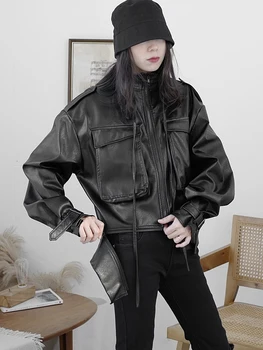Tawaaiw Must Gooti Pu Nahast Mantlid Ja Joped Naistele, Pikk Varrukas Steampunk Streetwear Korea Stiilis Outwear Feminino Harajuku 1