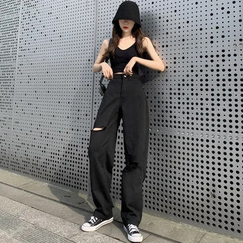 Teksad Naiste Must Auk Lai Säär Kõrge Vöökoht Mopiga Harajuku S-5XL Naiste All-match Streetwear Ulzzang Mood Hip-hop Denim Uus 1