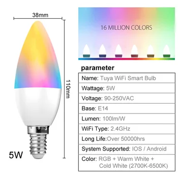 Tuya Smart Led Pirn E14 5W RGB Juhitava LED Küünal Lamp kooskõlas Alexa Google Home / Smart Elu APP Kaugjuhtimispult 1