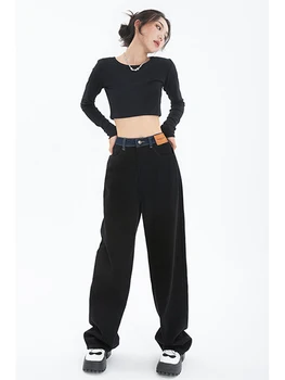 Must Kottis Sirged Teksad Naistele Korea Fashion Streetwear Kõrge Vöökoht Lai Jalg Denim Püksid Naiste Lahtised Mopiga Jean Pükste 3