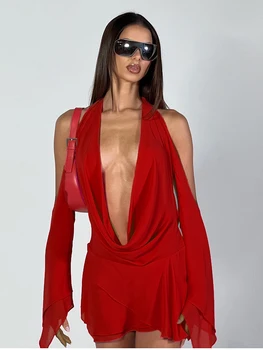 NewAsia Naiste Backless Sünnipäeva Kleit Punane Kroonlehed Varrukatega Kleit Seksikas V-Kaelus Mitmekihiline Kleit Nöörima Low Cut Elastne Mini Vestidos 5